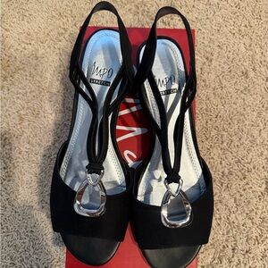 Impodimo Black Satin Slingback Sandals with Crystal Detail